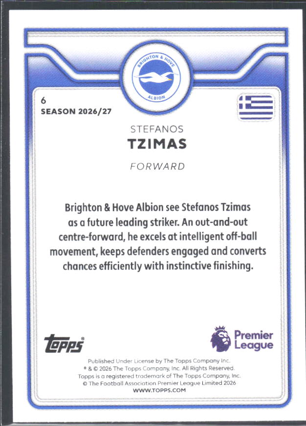 2026-27 Topps Premier League Future Stars #6 Stefanos Tzimas – baksida