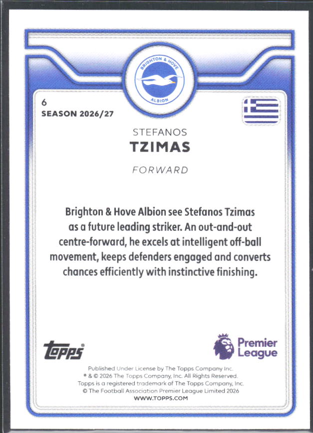 2026-27 Topps Premier League Future Stars #6 Stefanos Tzimas – baksida