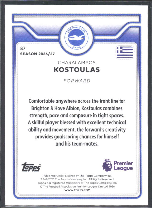 2026-27 Topps Premier League #87 Charalampos Kostoulas – baksida