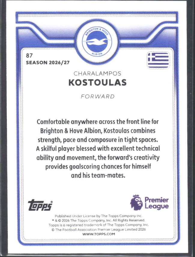 2026-27 Topps Premier League #87 Charalampos Kostoulas – baksida