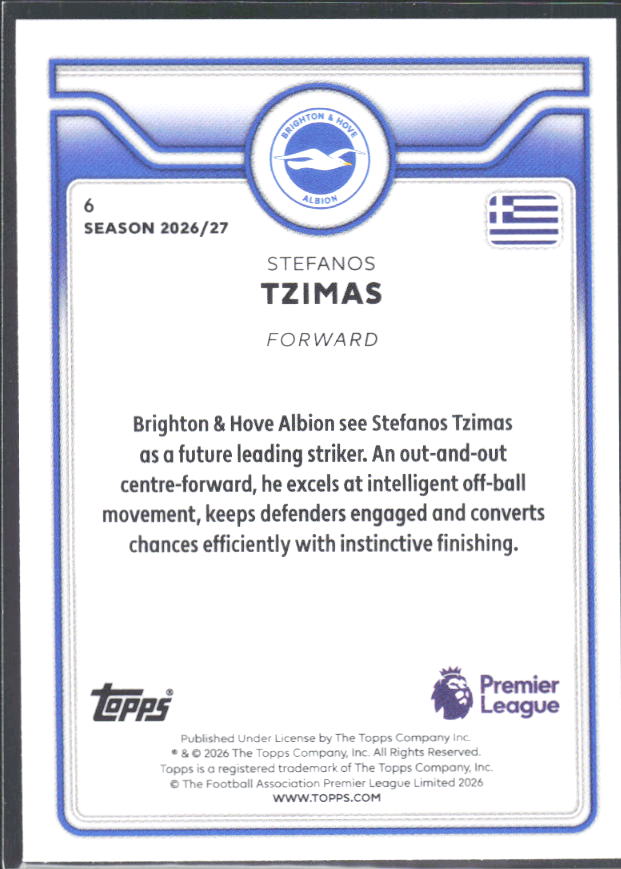 2026-27 Topps Premier League Future Stars #6 Stefanos Tzimas – baksida