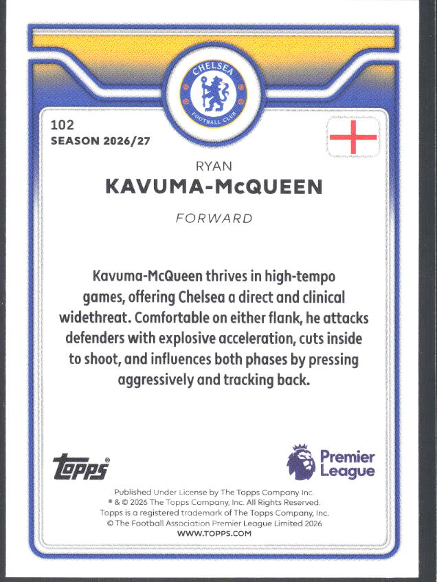 2026-27 Topps Premier League #102 Ryan Kavuma-McQueen – baksida