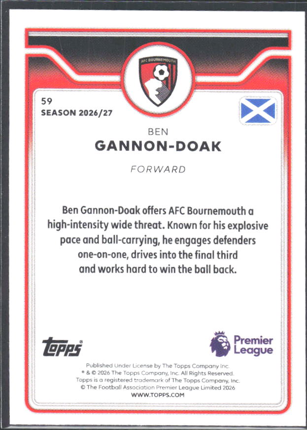 2026-27 Topps Premier League #59 Ben Gannon-Doak – baksida
