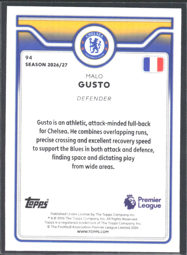 2026-27 Topps Premier League #94 Malo Gusto – baksida