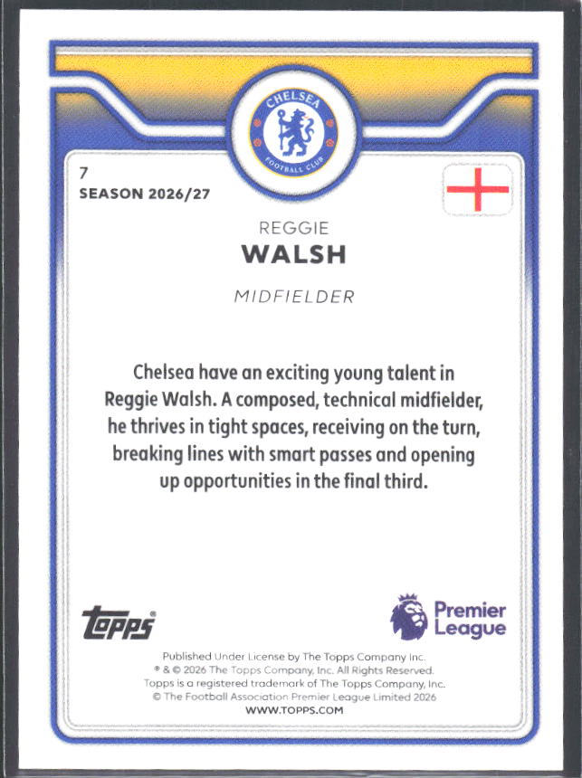 2026-27 Topps Premier League Future Stars #7 Reggie Walsh – baksida