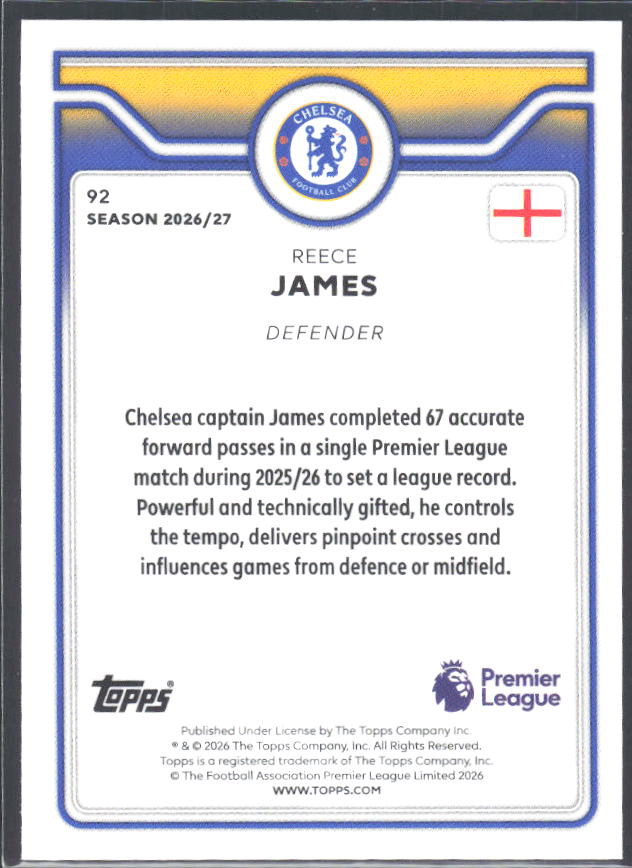 2026-27 Topps Premier League #92 Reece James – baksida