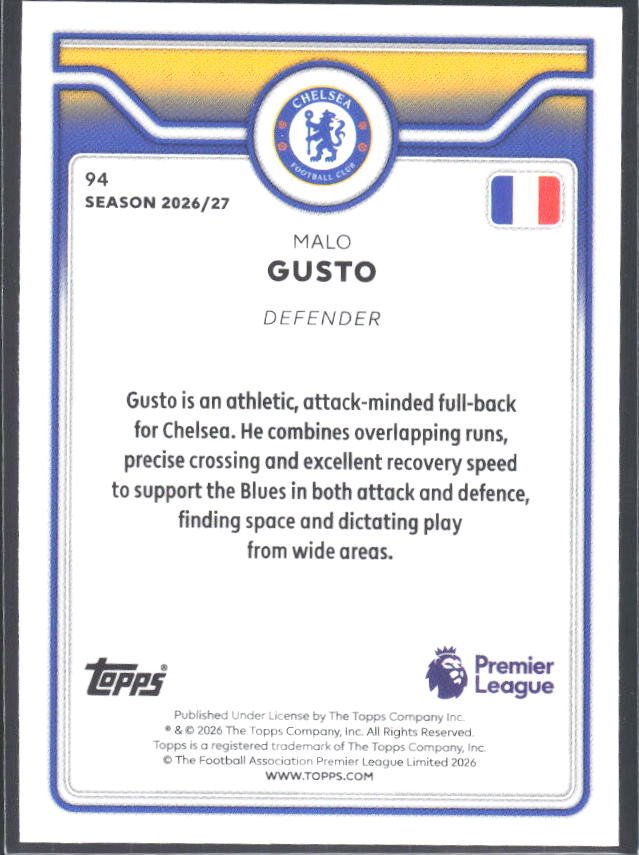 2026-27 Topps Premier League #94 Malo Gusto – baksida