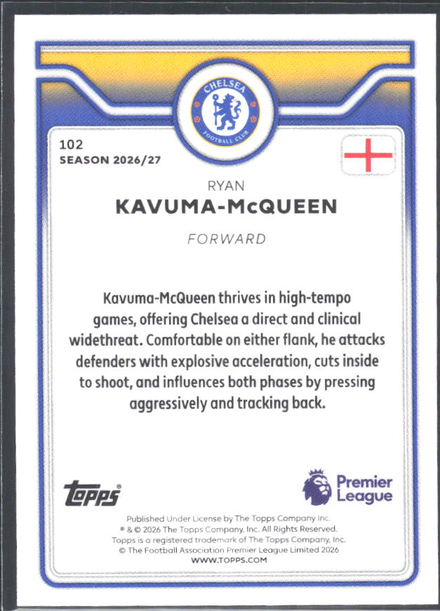 2026-27 Topps Premier League #102 Ryan Kavuma-McQueen – baksida