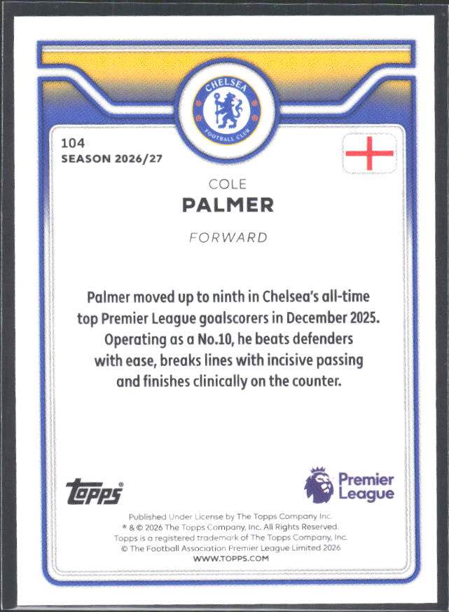 2026-27 Topps Premier League #104 Cole Palmer – baksida