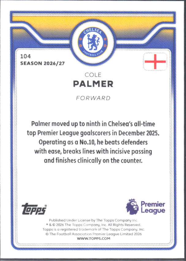 2026-27 Topps Premier League #104 Cole Palmer – baksida