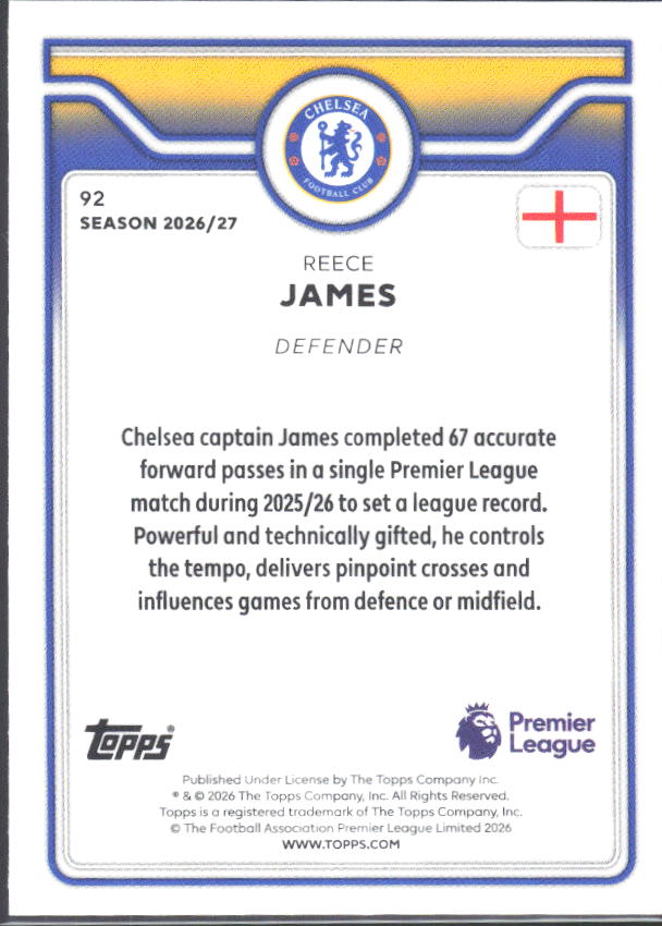 2026-27 Topps Premier League #92 Reece James – baksida