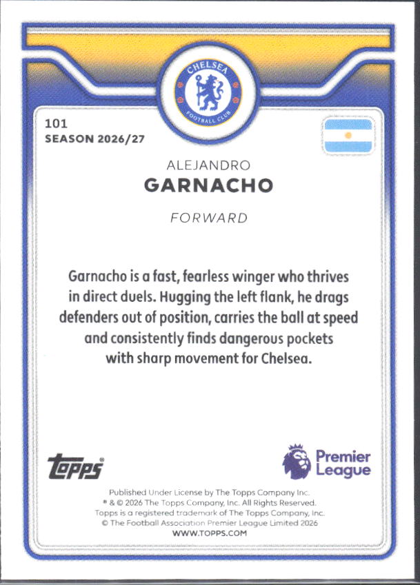 2026-27 Topps Premier League #101 Alejandro Garnacho – baksida