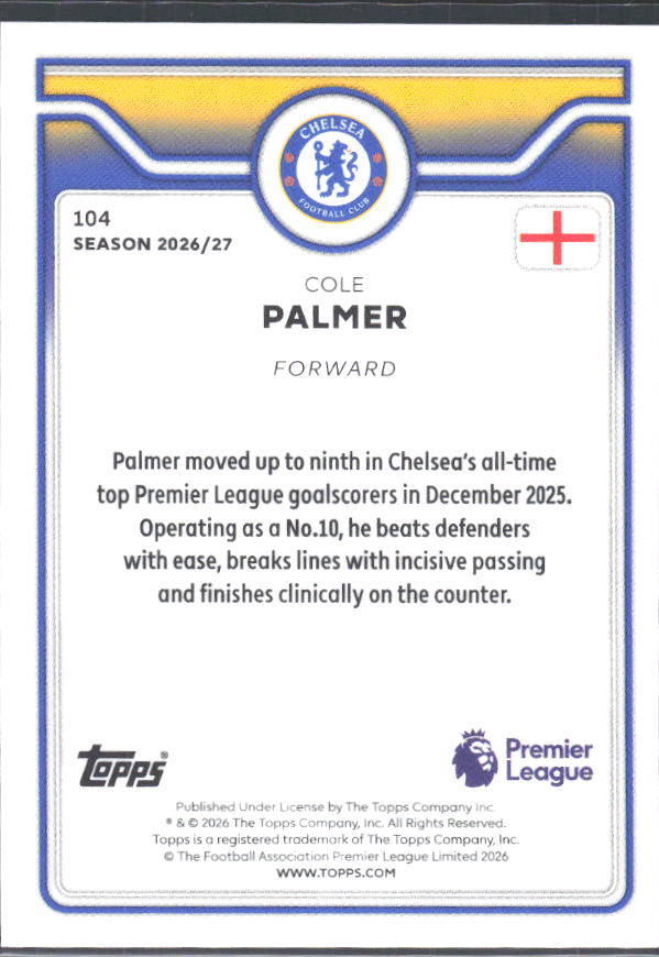 2026-27 Topps Premier League #104 Cole Palmer – baksida