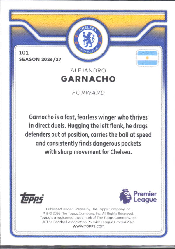 2026-27 Topps Premier League #101 Alejandro Garnacho – baksida