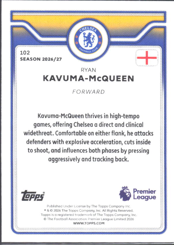 2026-27 Topps Premier League #102 Ryan Kavuma-McQueen – baksida