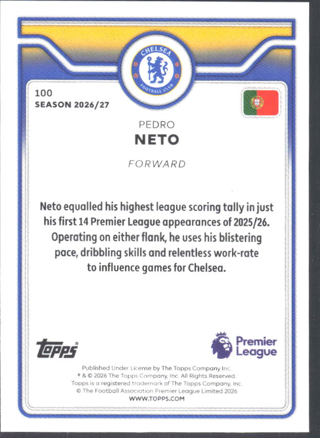 2026-27 Topps Premier League #100 Pedro Neto – baksida
