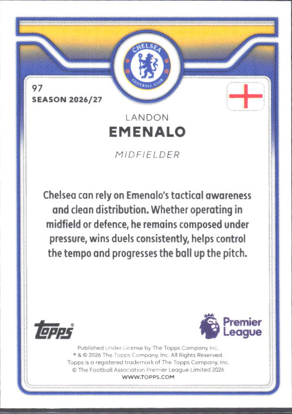 2026-27 Topps Premier League #97 Landon Emenalo – baksida