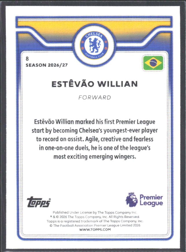 2026-27 Topps Premier League Future Stars #8 Estêvão Willian – baksida