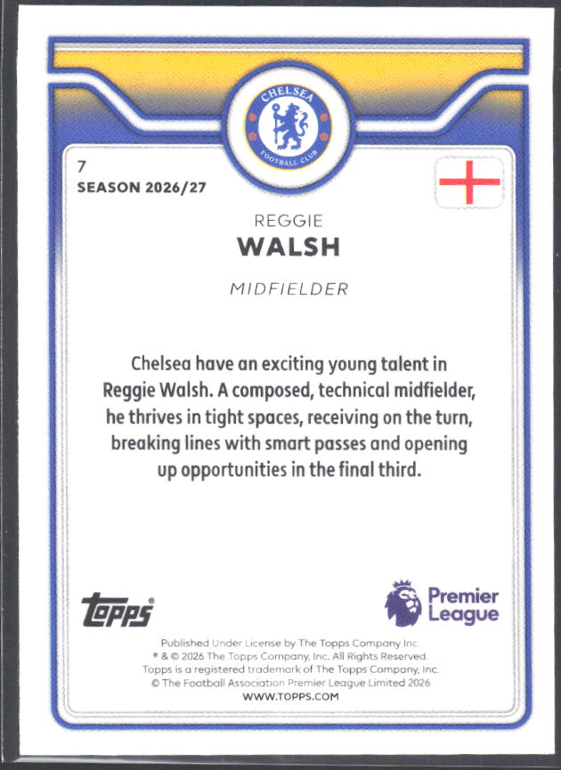 2026-27 Topps Premier League Future Stars #7 Reggie Walsh – baksida