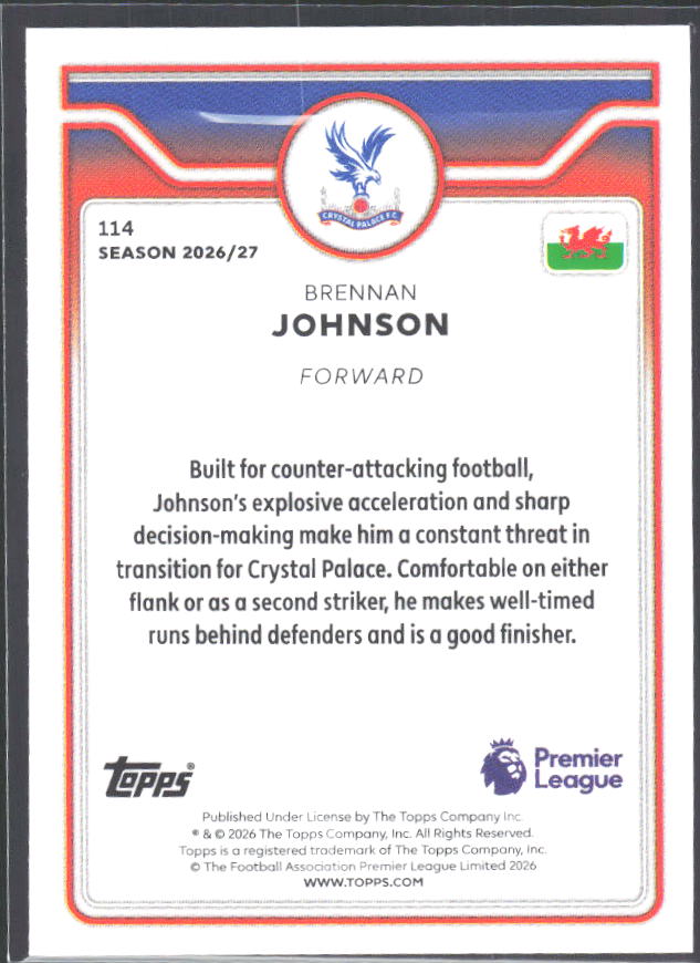 2026-27 Topps Premier League #114 Brennan Johnson – baksida