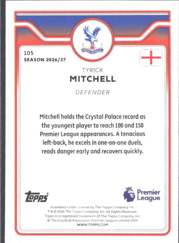 2026-27 Topps Premier League #105 Tyrick Mitchell – baksida