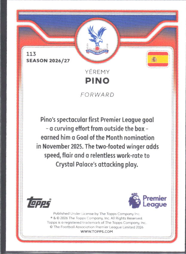 2026-27 Topps Premier League #113 Yéremy Pino – baksida