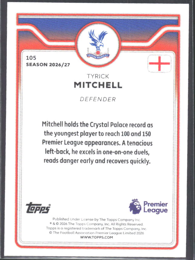 2026-27 Topps Premier League #105 Tyrick Mitchell – baksida