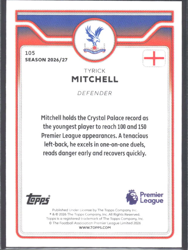 2026-27 Topps Premier League #105 Tyrick Mitchell – baksida