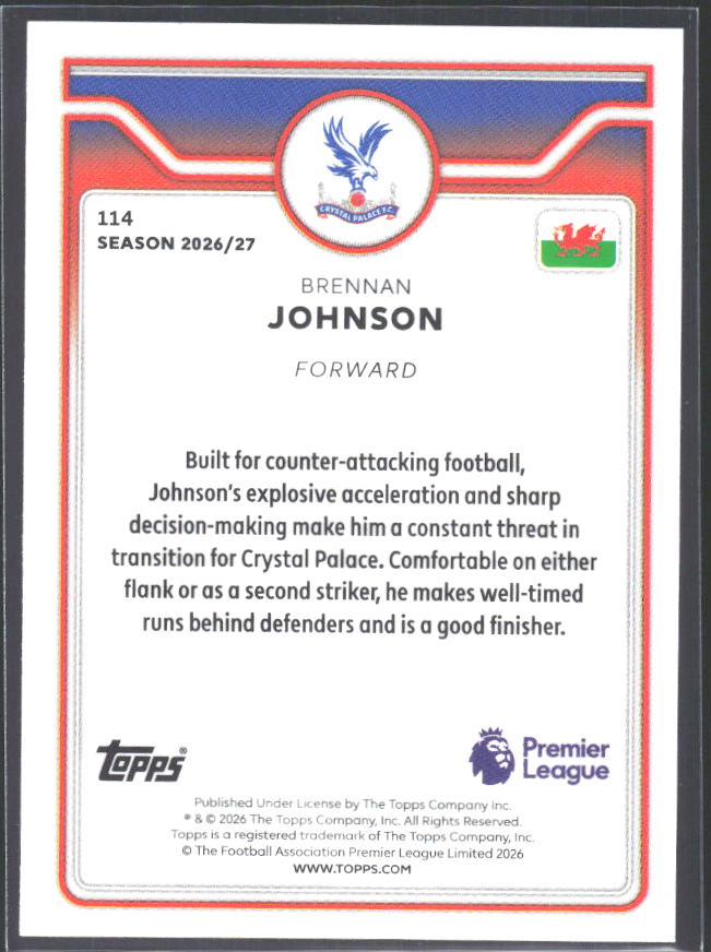 2026-27 Topps Premier League #114 Brennan Johnson – baksida