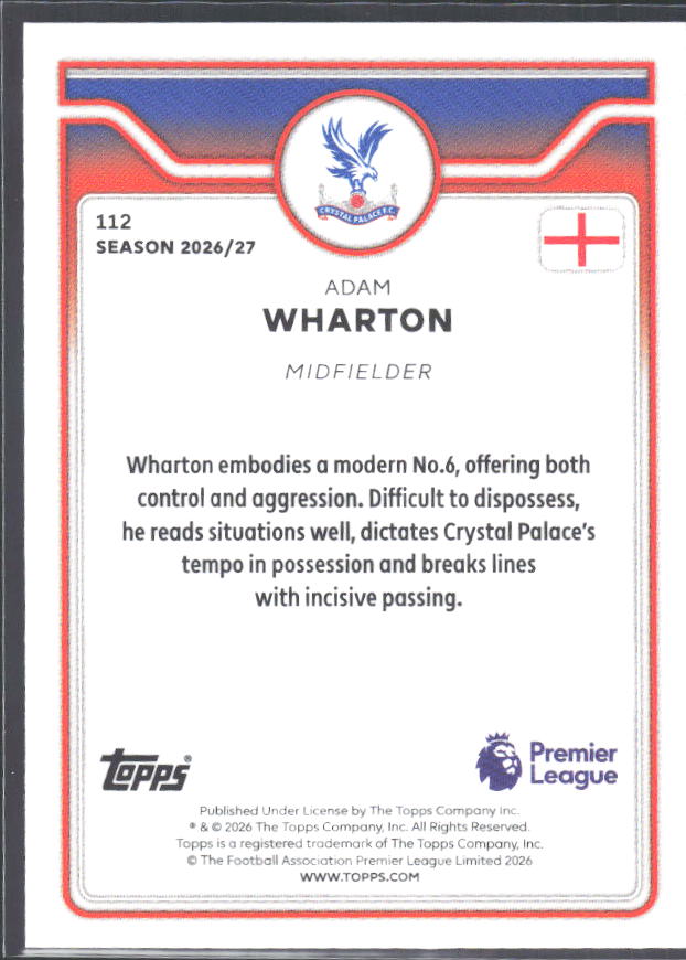 2026-27 Topps Premier League #112 Adam Wharton – baksida