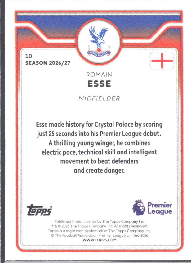 2026-27 Topps Premier League Future Stars #10 Romain Esse – baksida