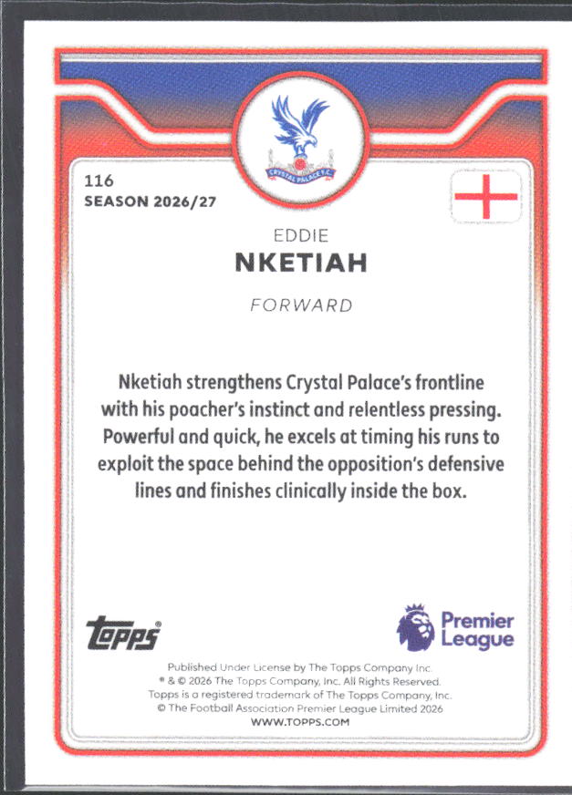 2026-27 Topps Premier League #116 Eddie Nketiah – baksida