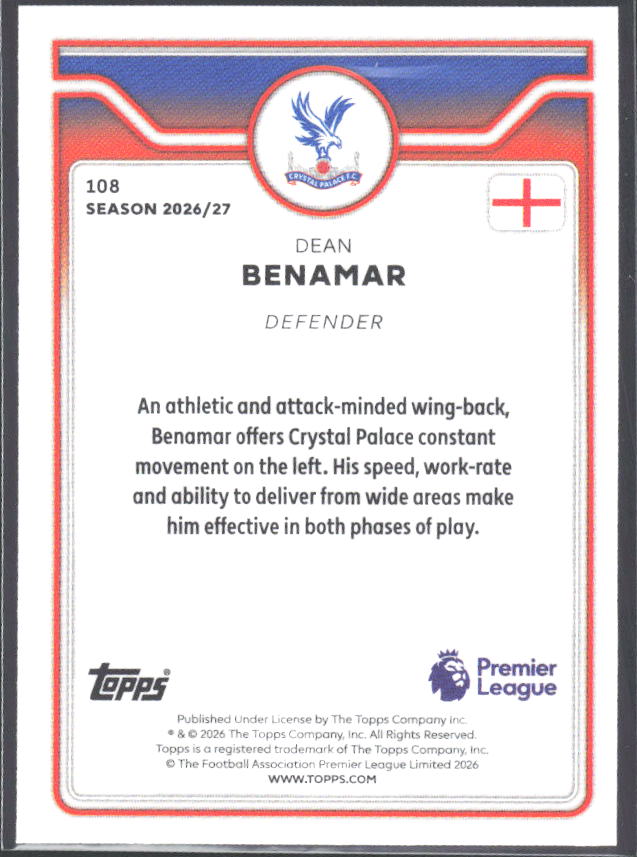 2026-27 Topps Premier League #108 Dean Benamar – baksida