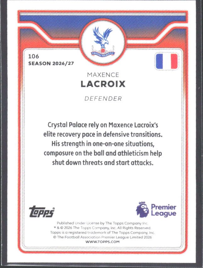 2026-27 Topps Premier League #106 Maxence Lacroix – baksida