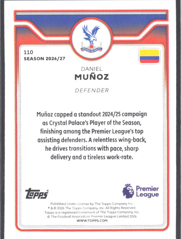2026-27 Topps Premier League #110 Daniel Muñoz – baksida