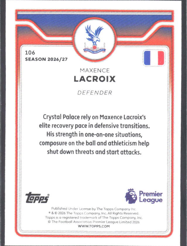 2026-27 Topps Premier League #106 Maxence Lacroix – baksida