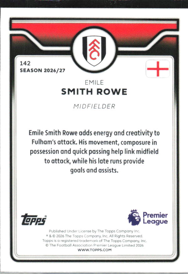 2026-27 Topps Premier League #142 Emile Smith Rowe – baksida