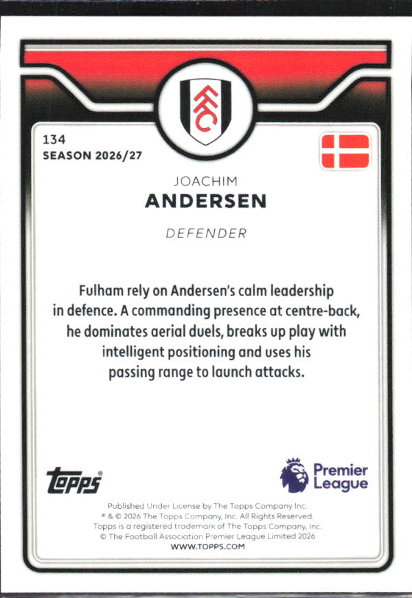 2026-27 Topps Premier League #134 Joachim Andersen – baksida