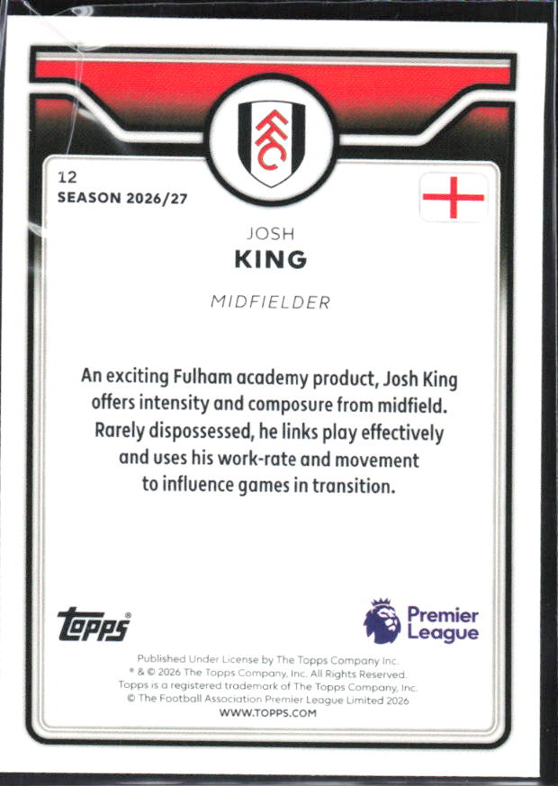 2026-27 Topps Premier League Future Stars #12 Josh King – baksida