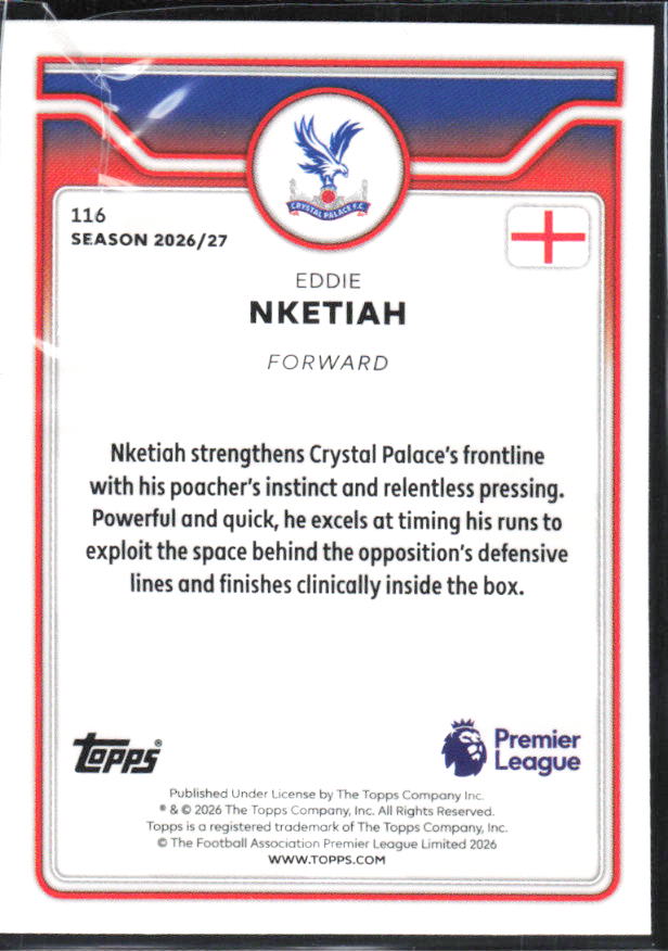 2026-27 Topps Premier League #116 Eddie Nketiah – baksida