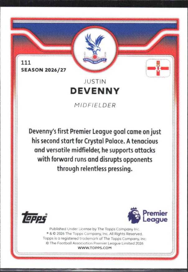 2026-27 Topps Premier League #111 Justin Devenny – baksida
