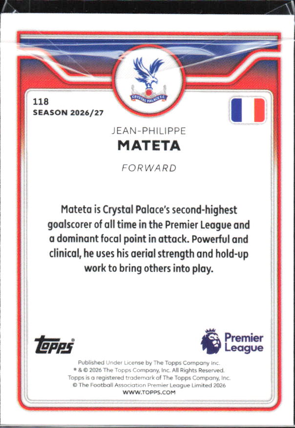 2026-27 Topps Premier League #118 Jean-Philippe Mateta – baksida