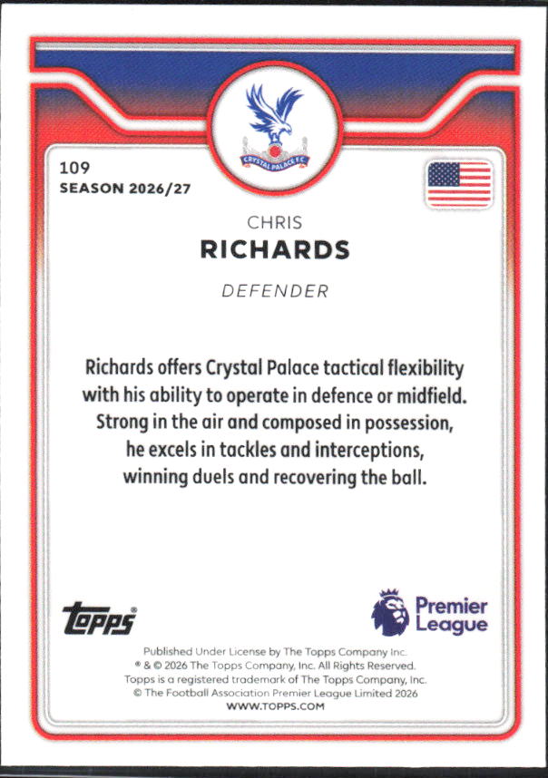 2026-27 Topps Premier League #109 Chris Richards – baksida