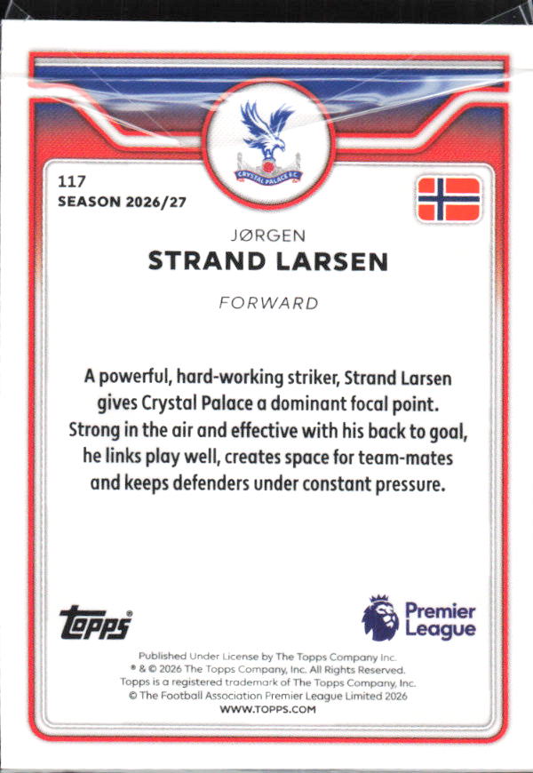 2026-27 Topps Premier League #117 Jørgen Strand Larsen – baksida