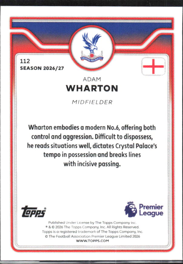 2026-27 Topps Premier League #112 Adam Wharton – baksida