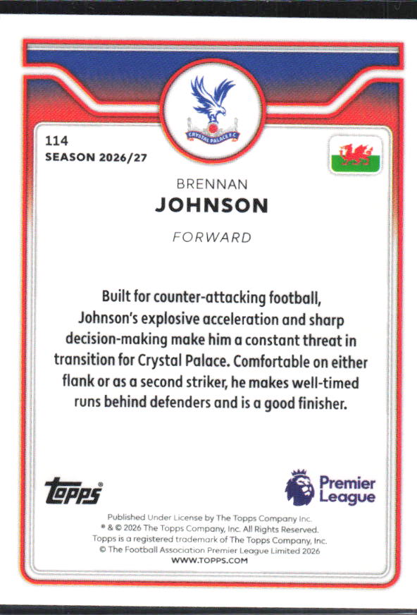 2026-27 Topps Premier League #114 Brennan Johnson – baksida