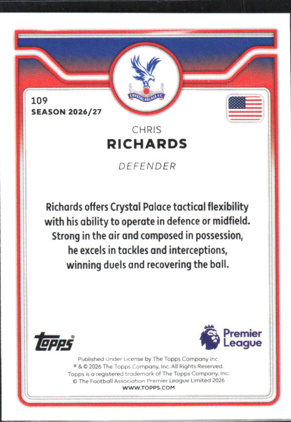 2026-27 Topps Premier League #109 Chris Richards – baksida