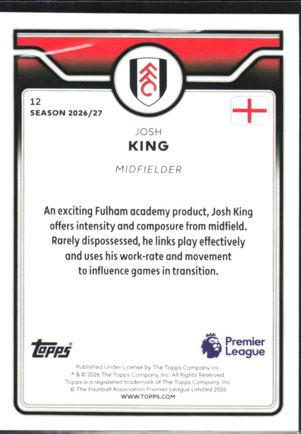2026-27 Topps Premier League Future Stars #12 Josh King – baksida