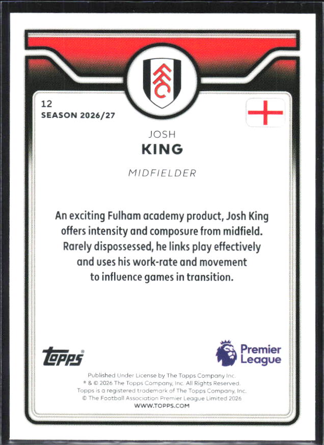 2026-27 Topps Premier League Future Stars #12 Josh King – baksida