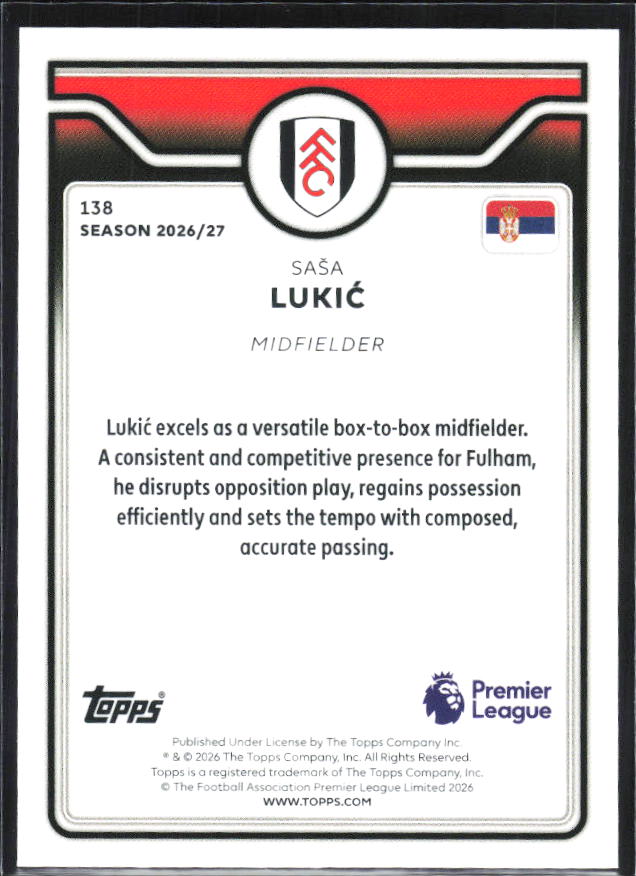 2026-27 Topps Premier League #138 Saša Lukić – baksida